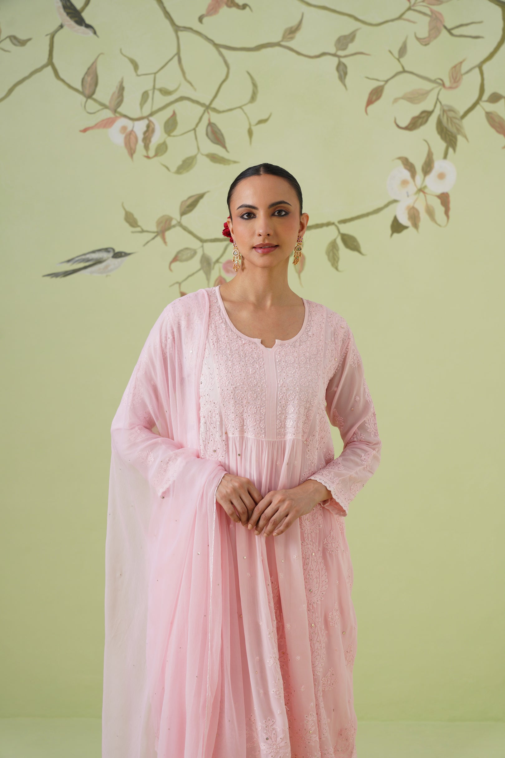 Chikankari Viscose Short Kurta Suit Set - Tea Rose