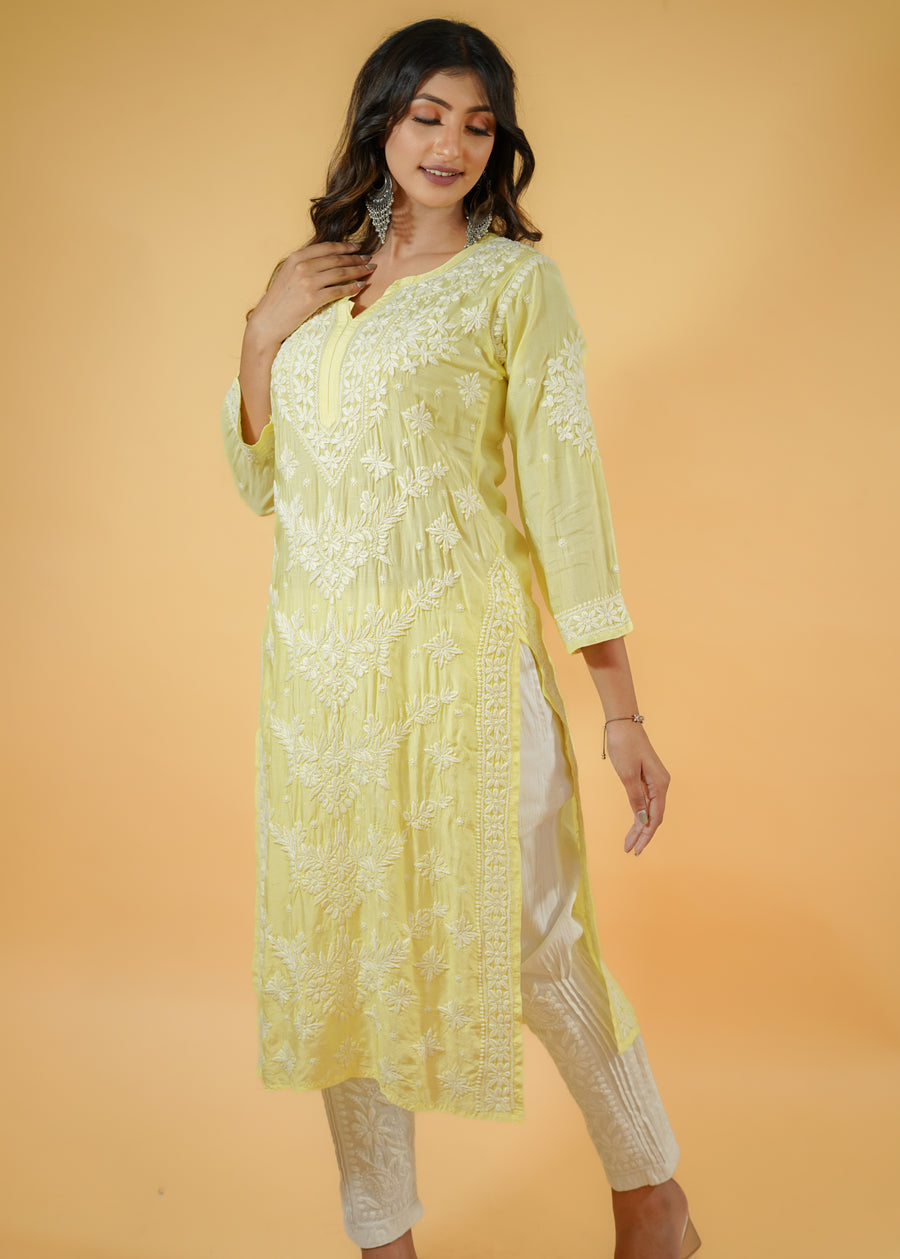 Chikankari Kurta in Muslin fabric - Yellow