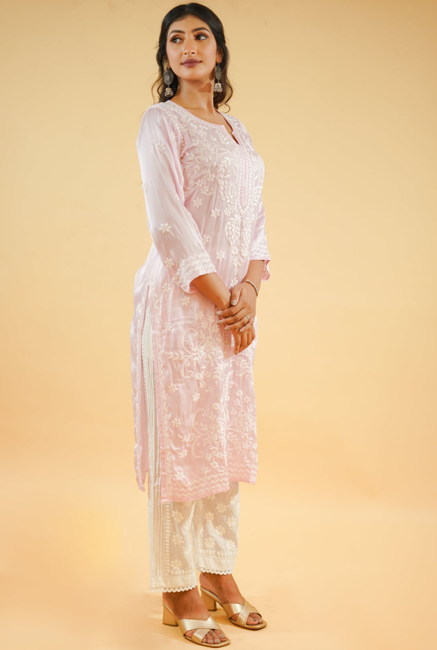 Chikankari Kurta with Muslin  - Pink