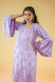 Chikankari set - long kurta with straight pants - lilac