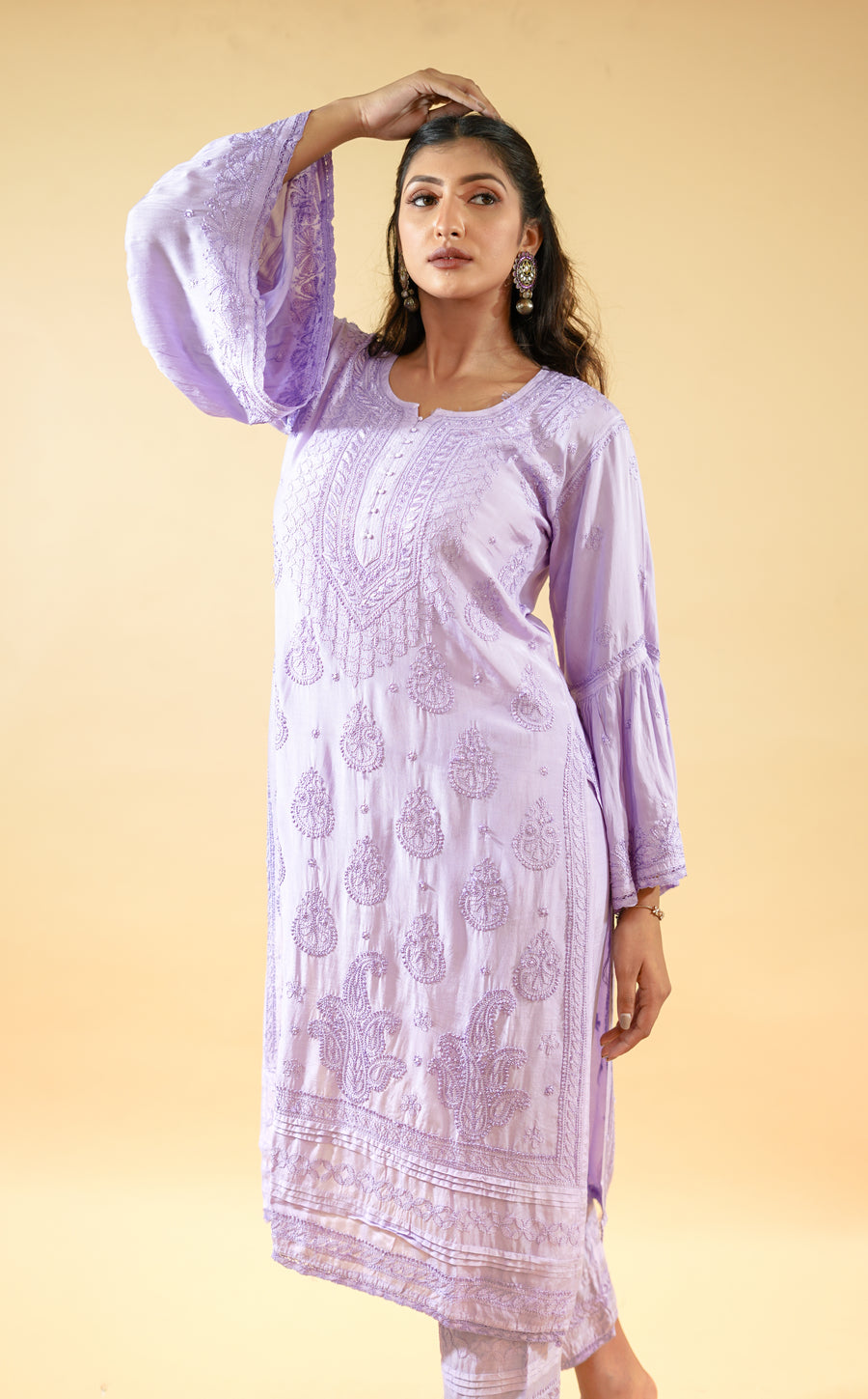 Chikankari set - long kurta with straight pants - lilac