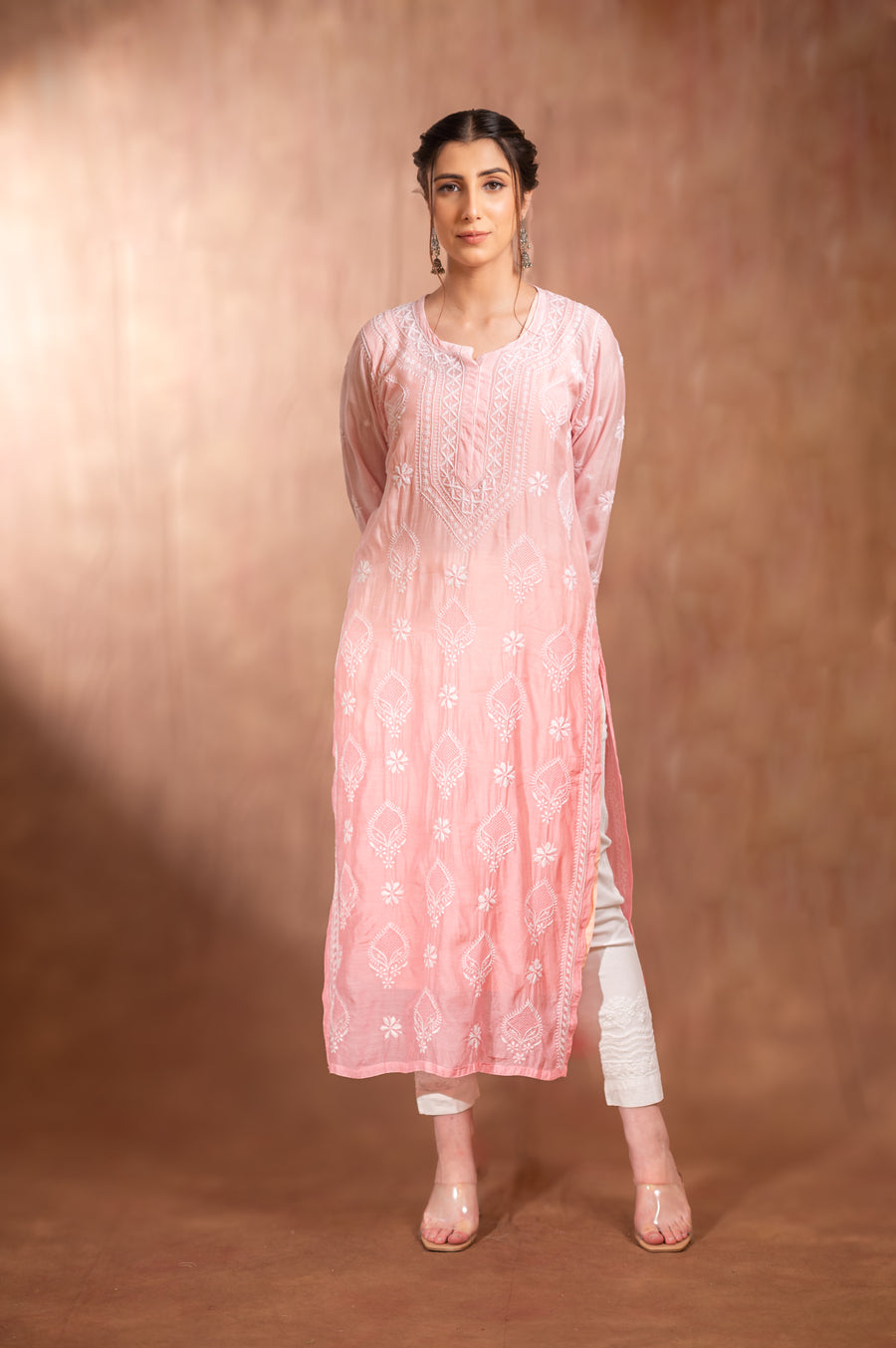 Muslin Chikankari Kurti - Yellow / Pink  -SC243588