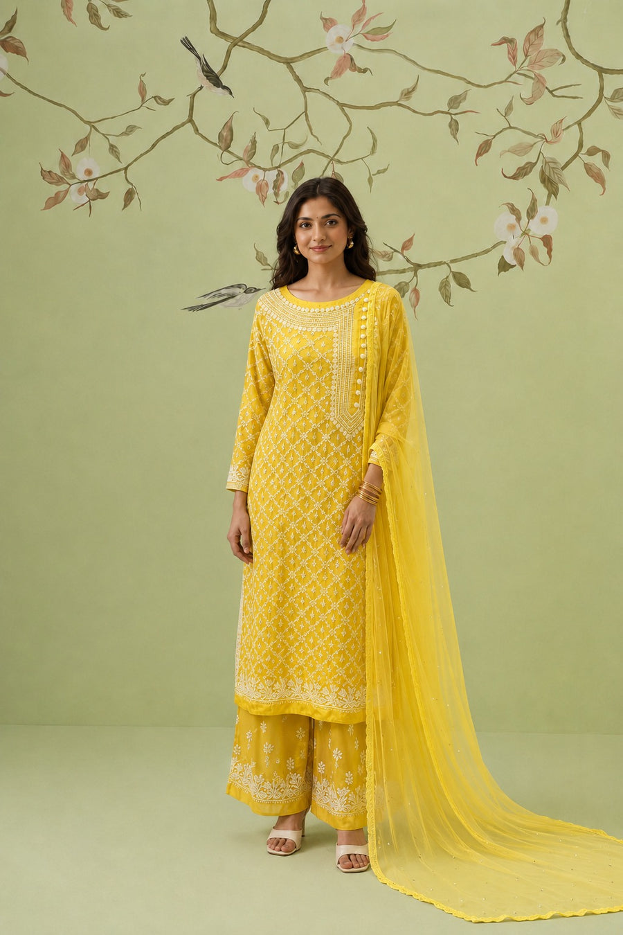 Modal Chikankari Stitch 3pc Suit - Laser Lemon