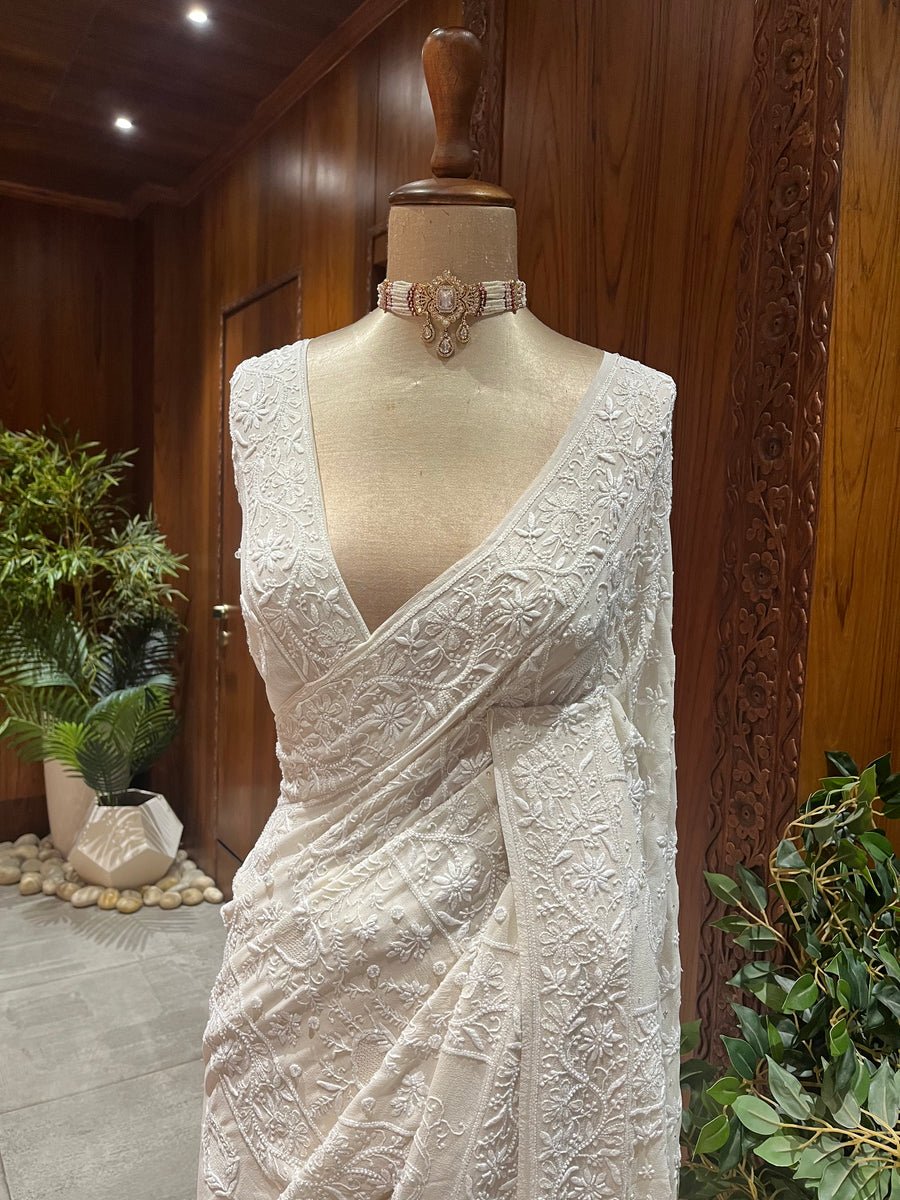 Chikankari   Pure Georgette Saree - White