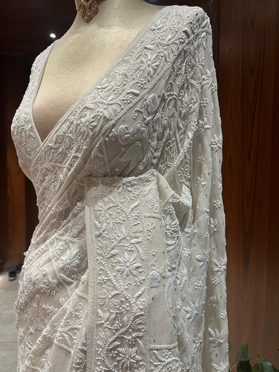 Chikankari   Pure Georgette Saree - White