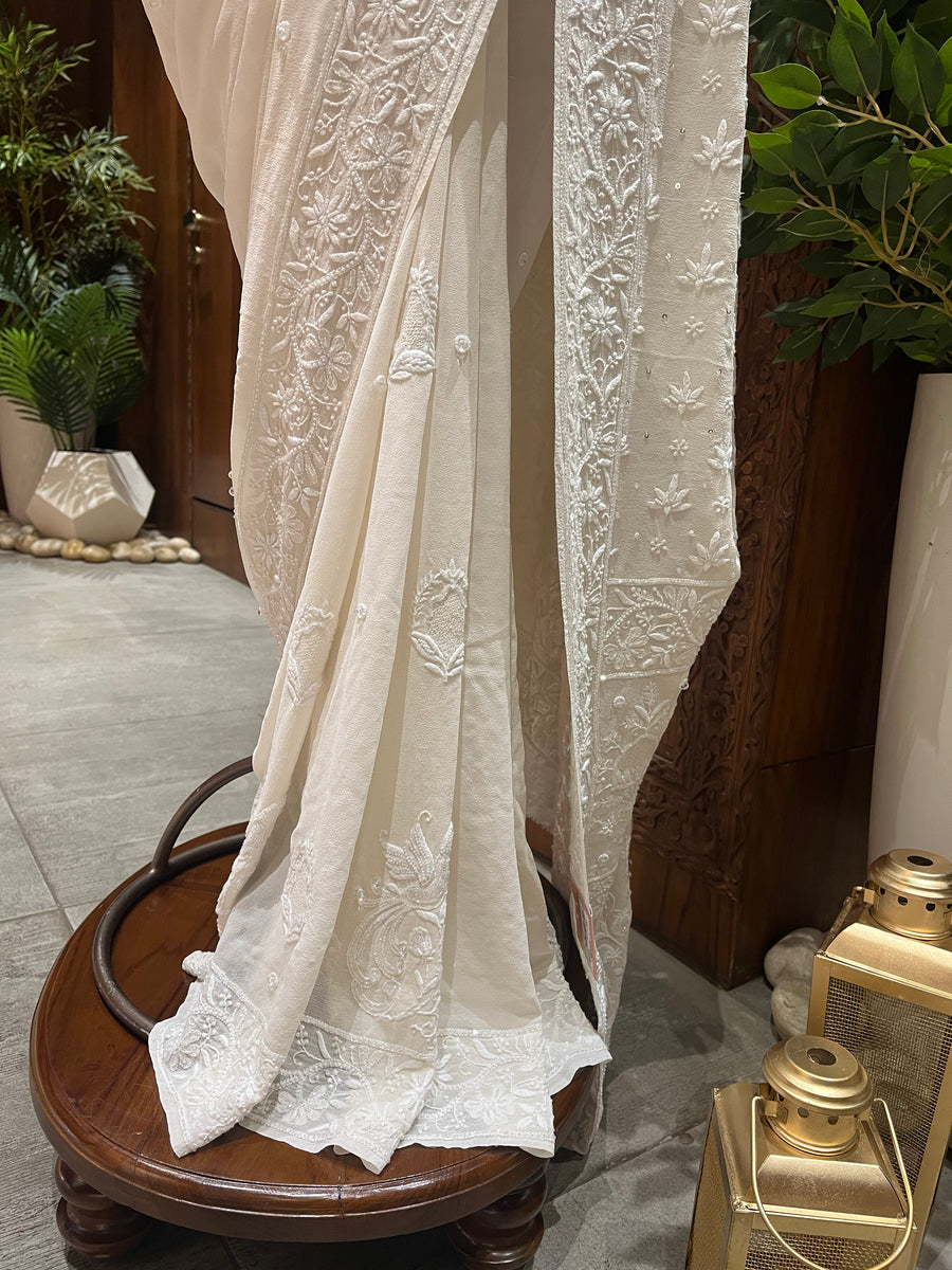 Chikankari   Pure Georgette Saree - White