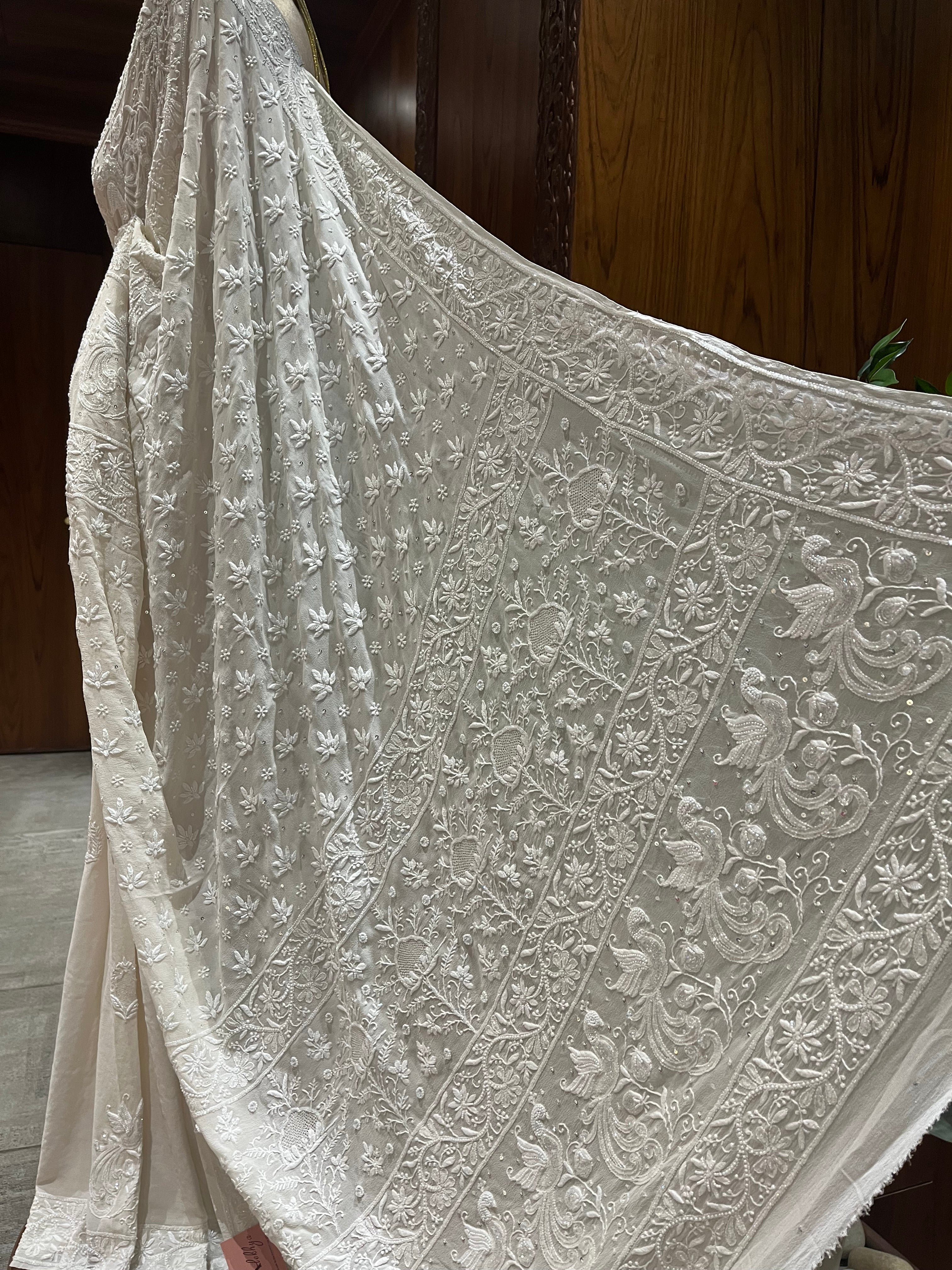 Chikankari   Pure Georgette Saree - White