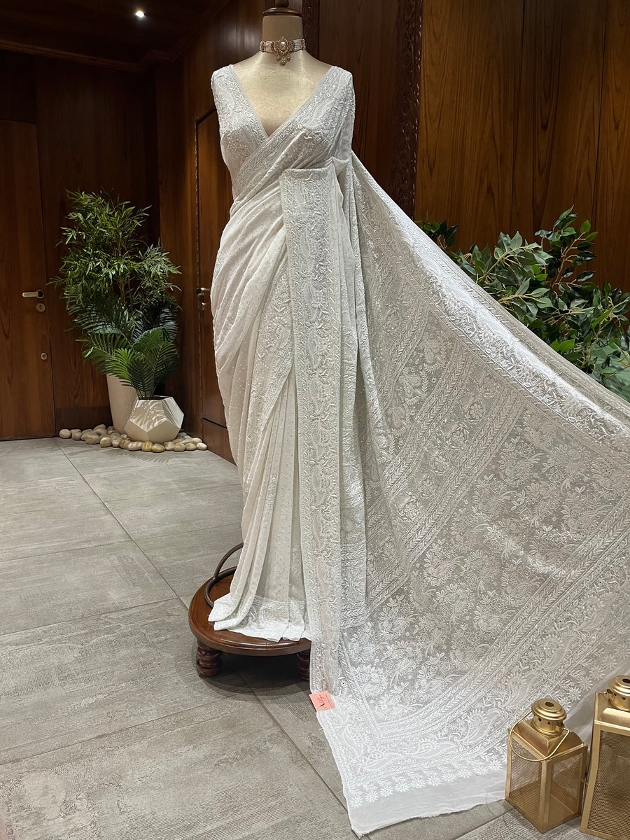 Chikankari Pure Georgette Saree - White