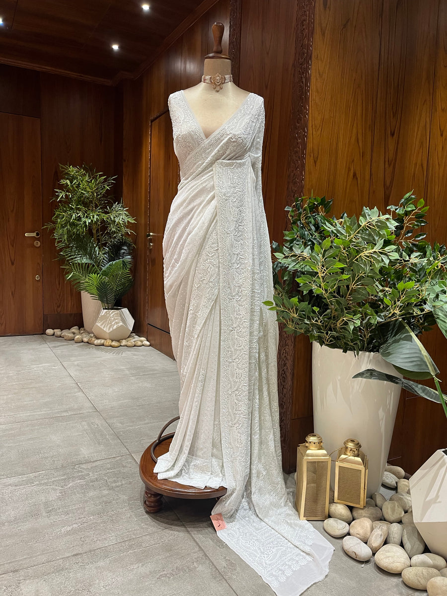 Chikankari Pure Georgette Saree - White