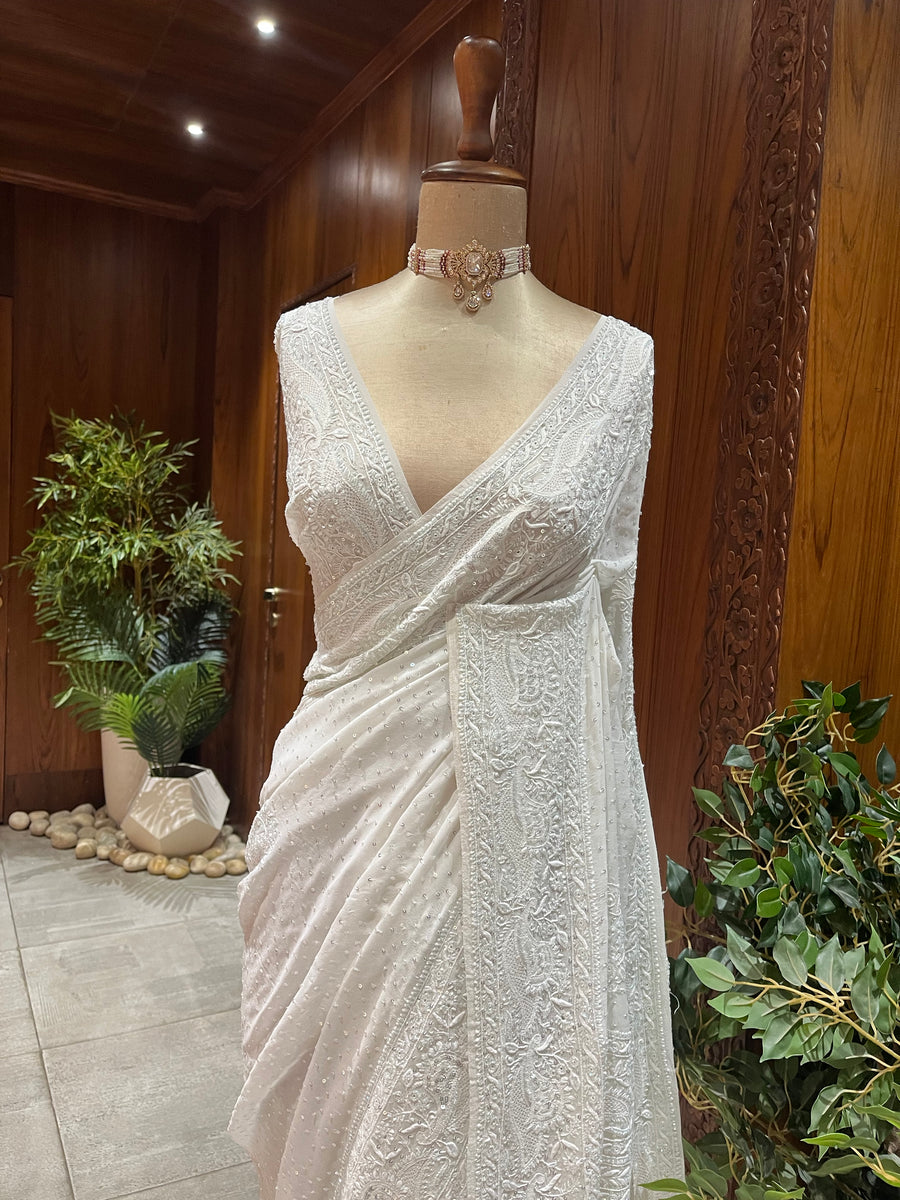 Chikankari Pure Georgette Saree - White