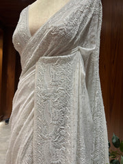 Chikankari Pure Georgette Saree - White