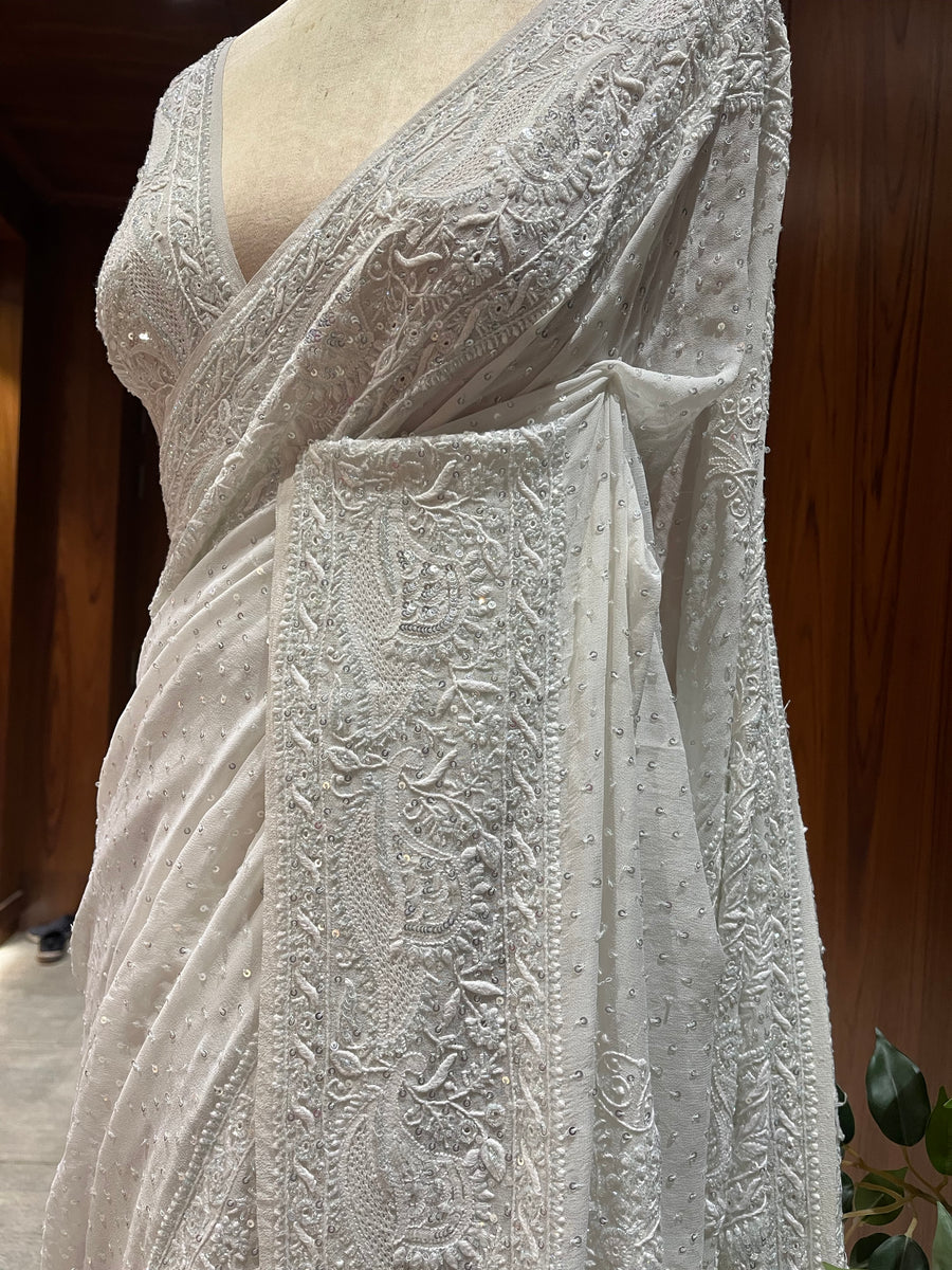 Chikankari Pure Georgette Saree - White