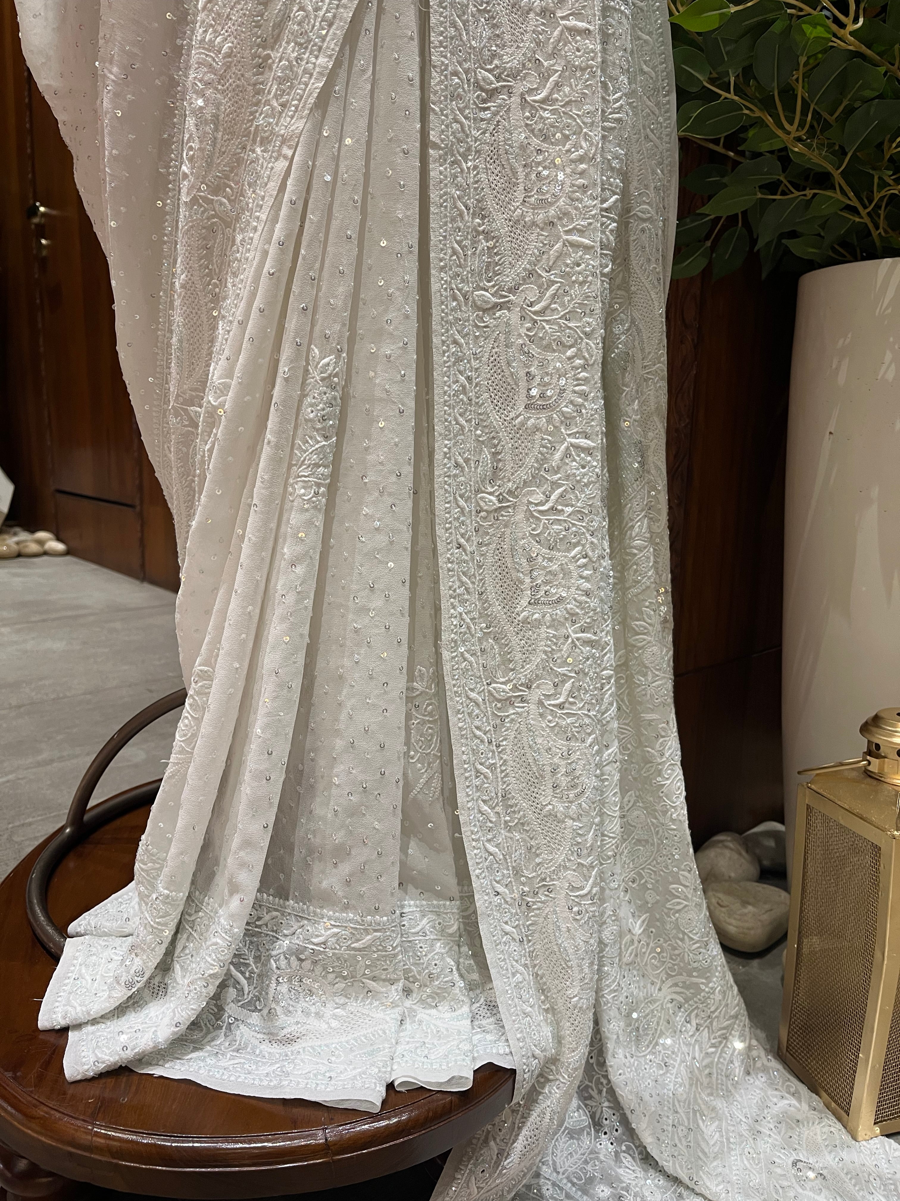 Chikankari Pure Georgette Saree - White