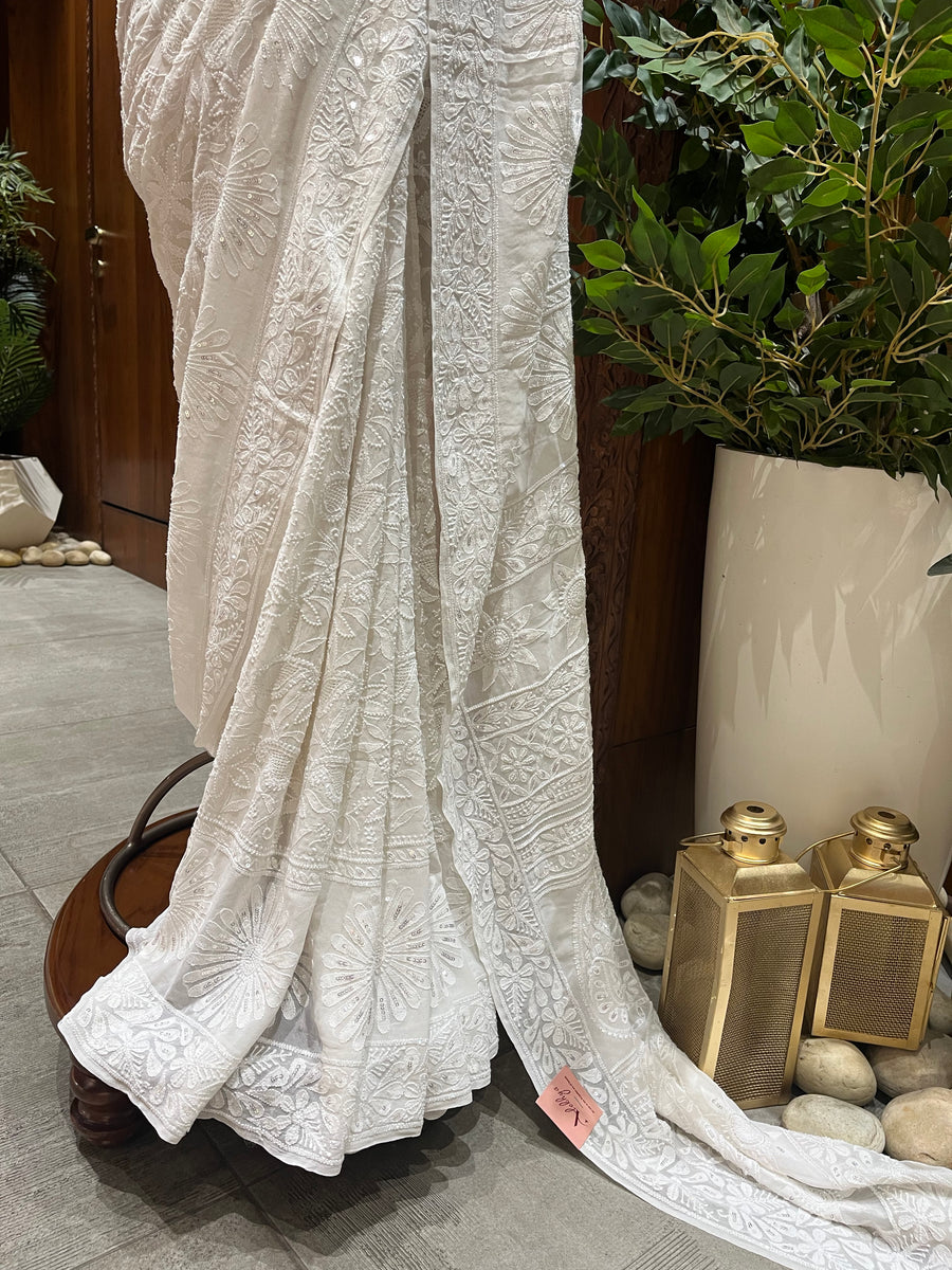 Chikankari Georgette Saree - White