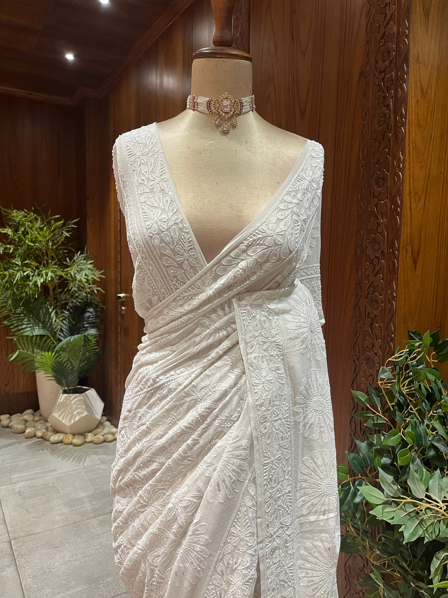 Chikankari Georgette Saree - White