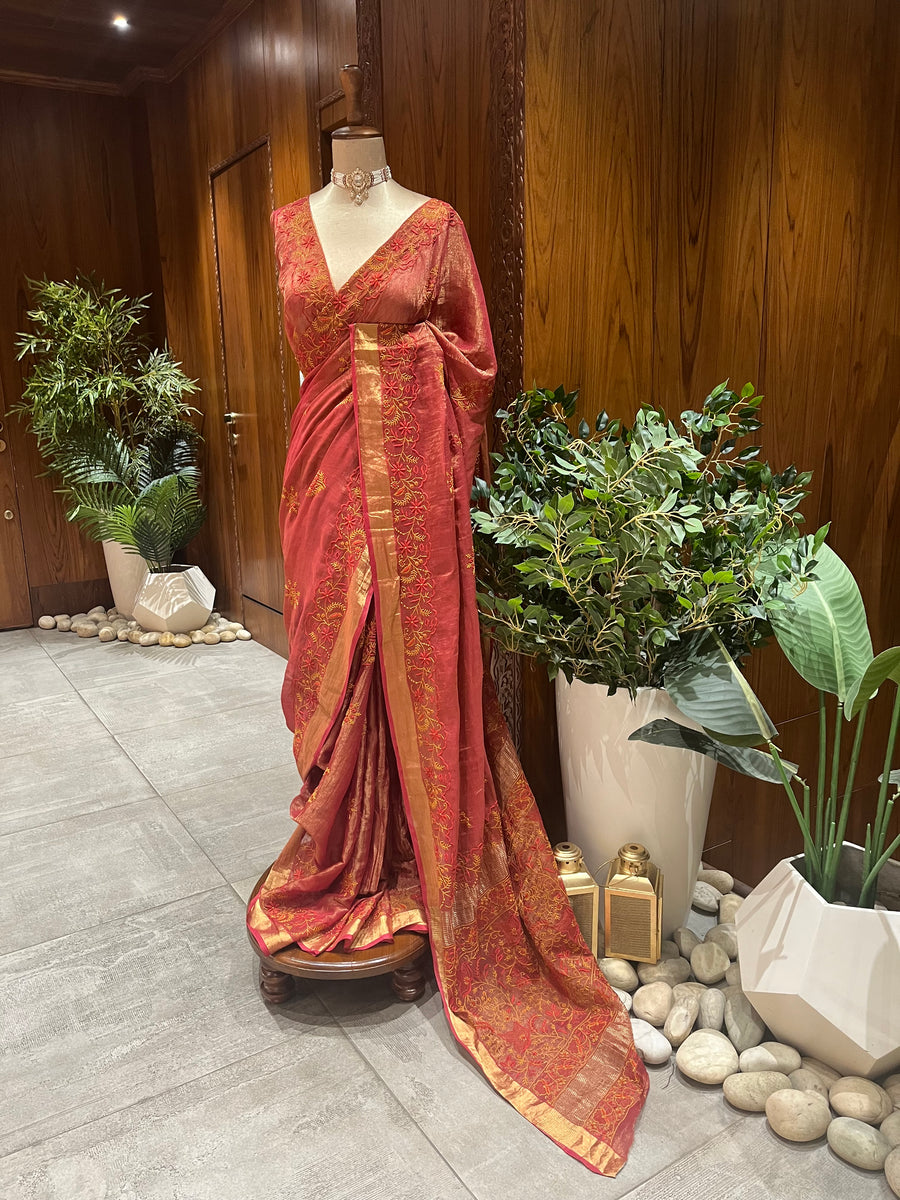 Chikankari Tissue Saree - Brick Rust