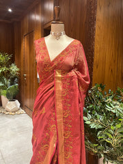 Chikankari Tissue Saree - Brick Rust