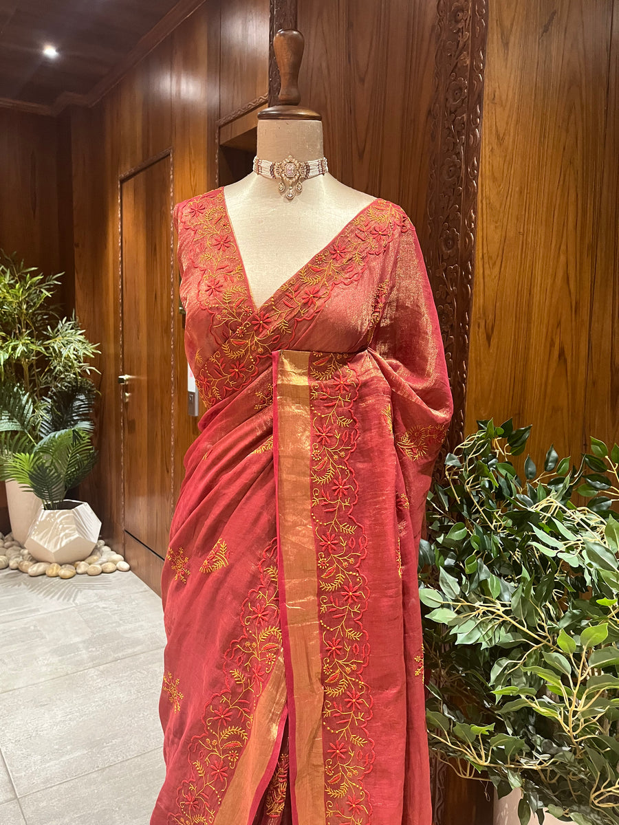 Chikankari Tissue Saree - Brick Rust