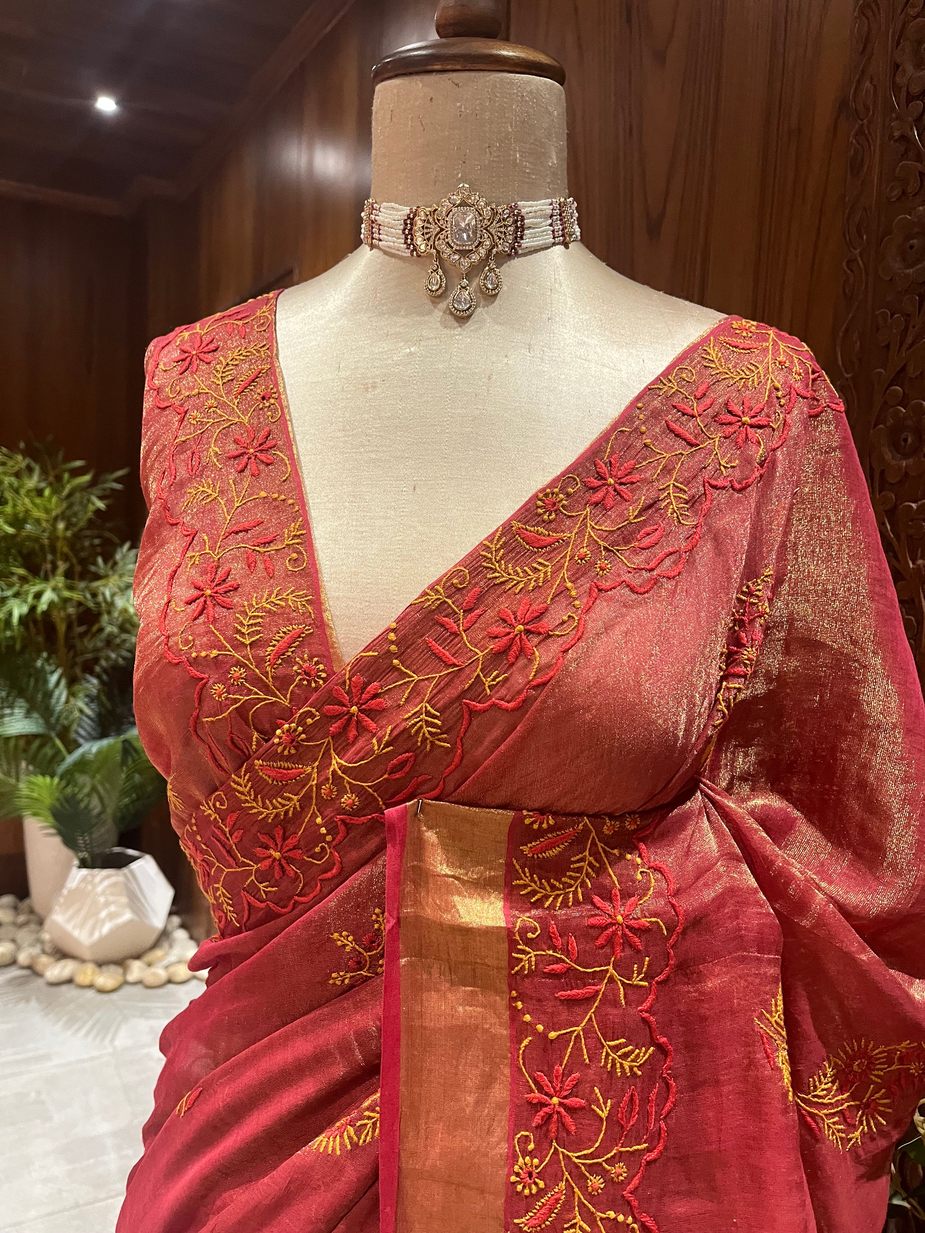 Chikankari Tissue Saree - Brick Rust