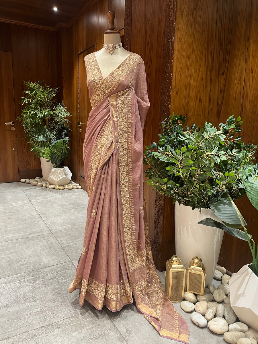 Chikankari Tissue Saree - Dusty Rose