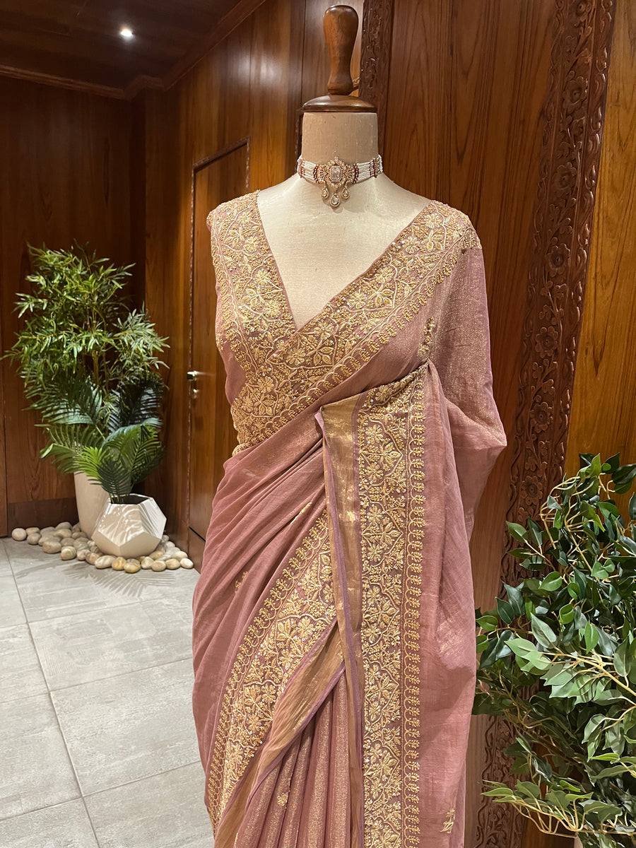 Chikankari Tissue Saree - Dusty Rose