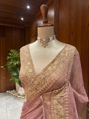 Chikankari Tissue Saree - Dusty Rose