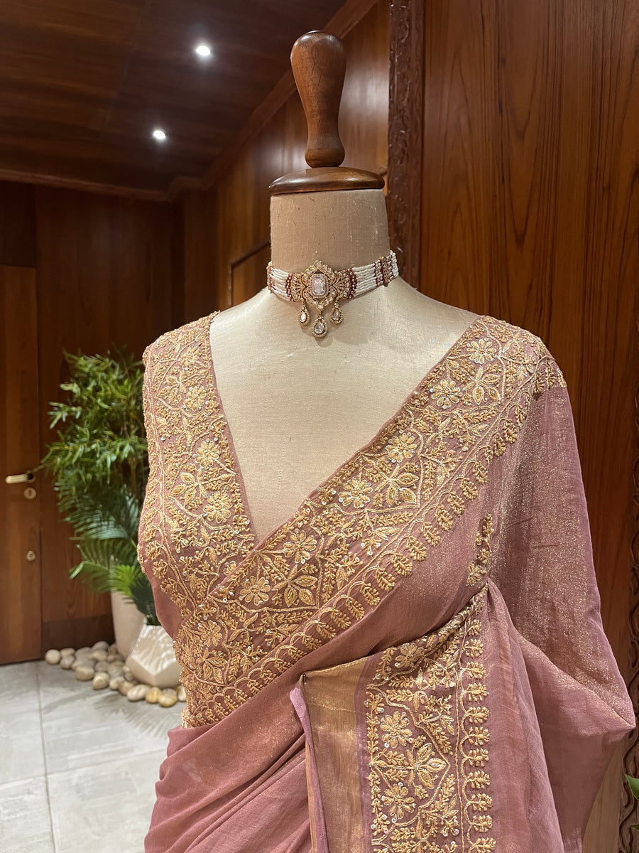Chikankari Tissue Saree - Dusty Rose