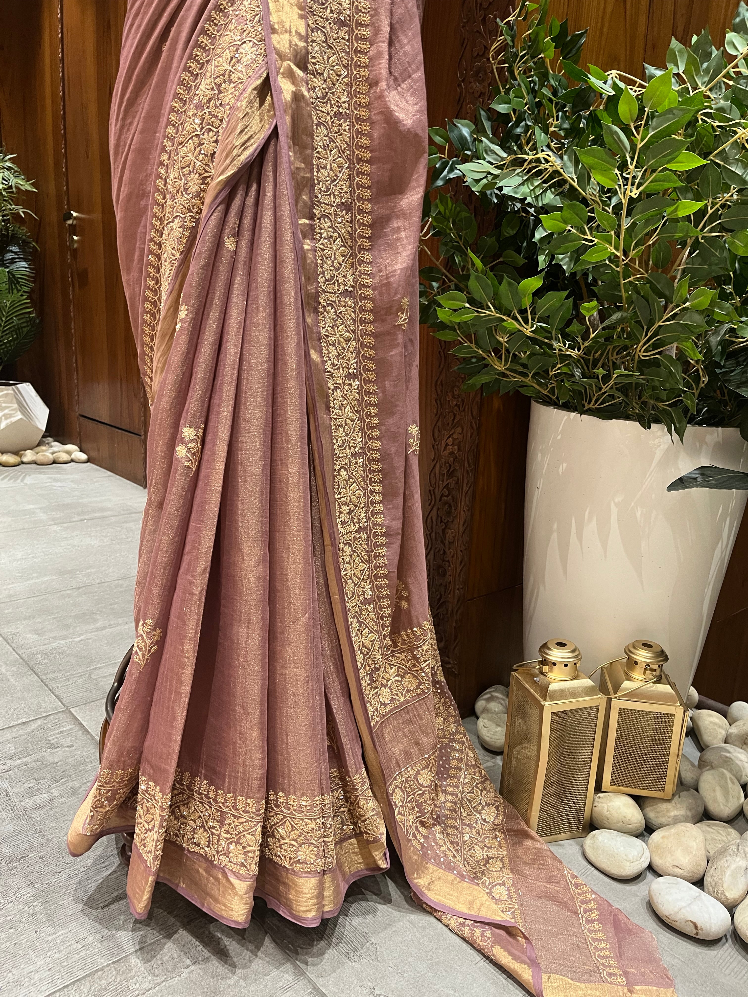Chikankari Tissue Saree - Dusty Rose