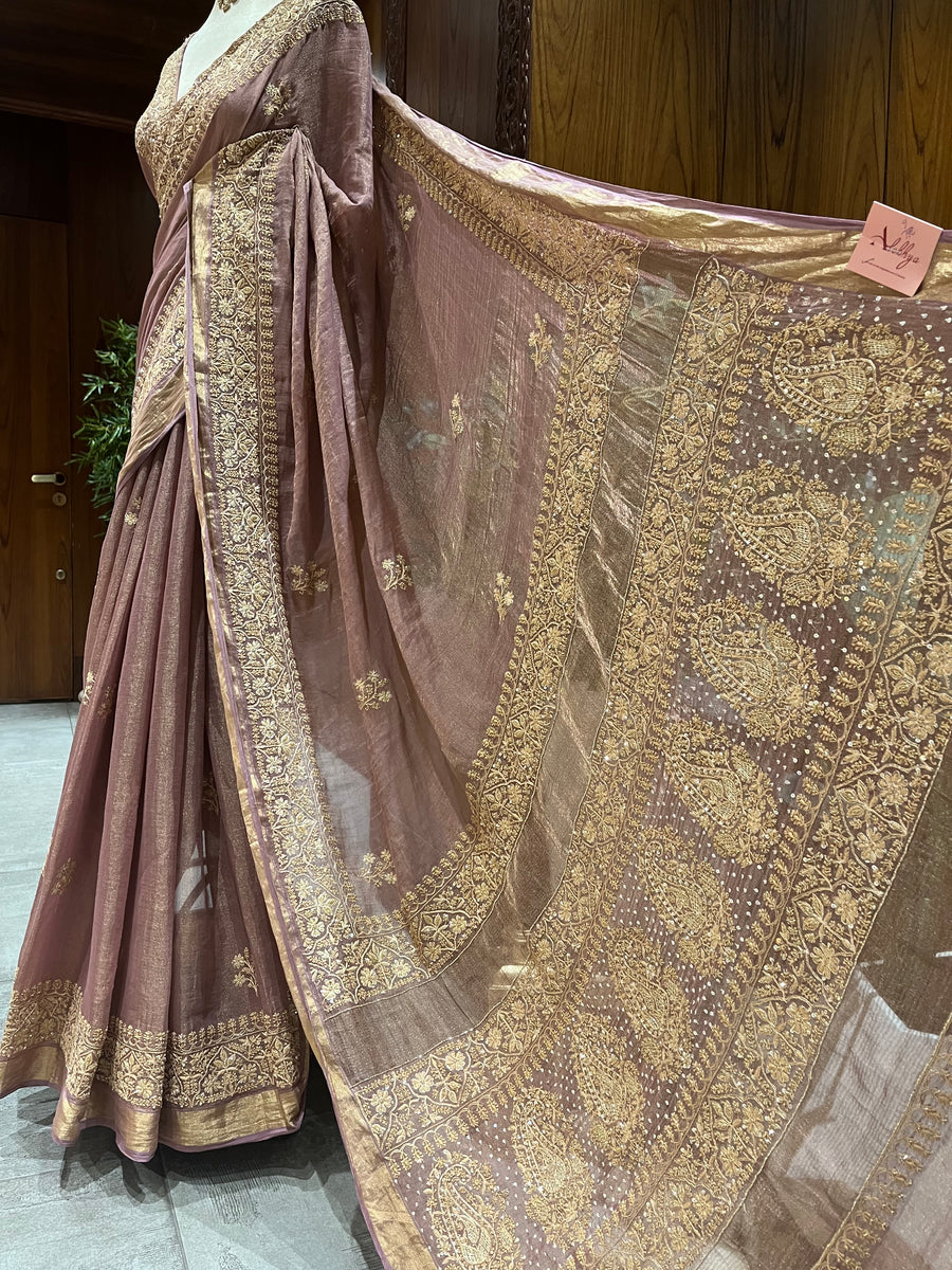Chikankari Tissue Saree - Dusty Rose
