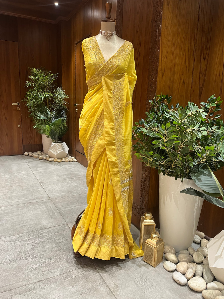 Chikankari Chanderi Saree - Mustard Yellow