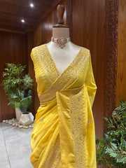 Chikankari Chanderi Saree - Mustard Yellow