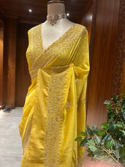 Chikankari Chanderi Saree - Mustard Yellow