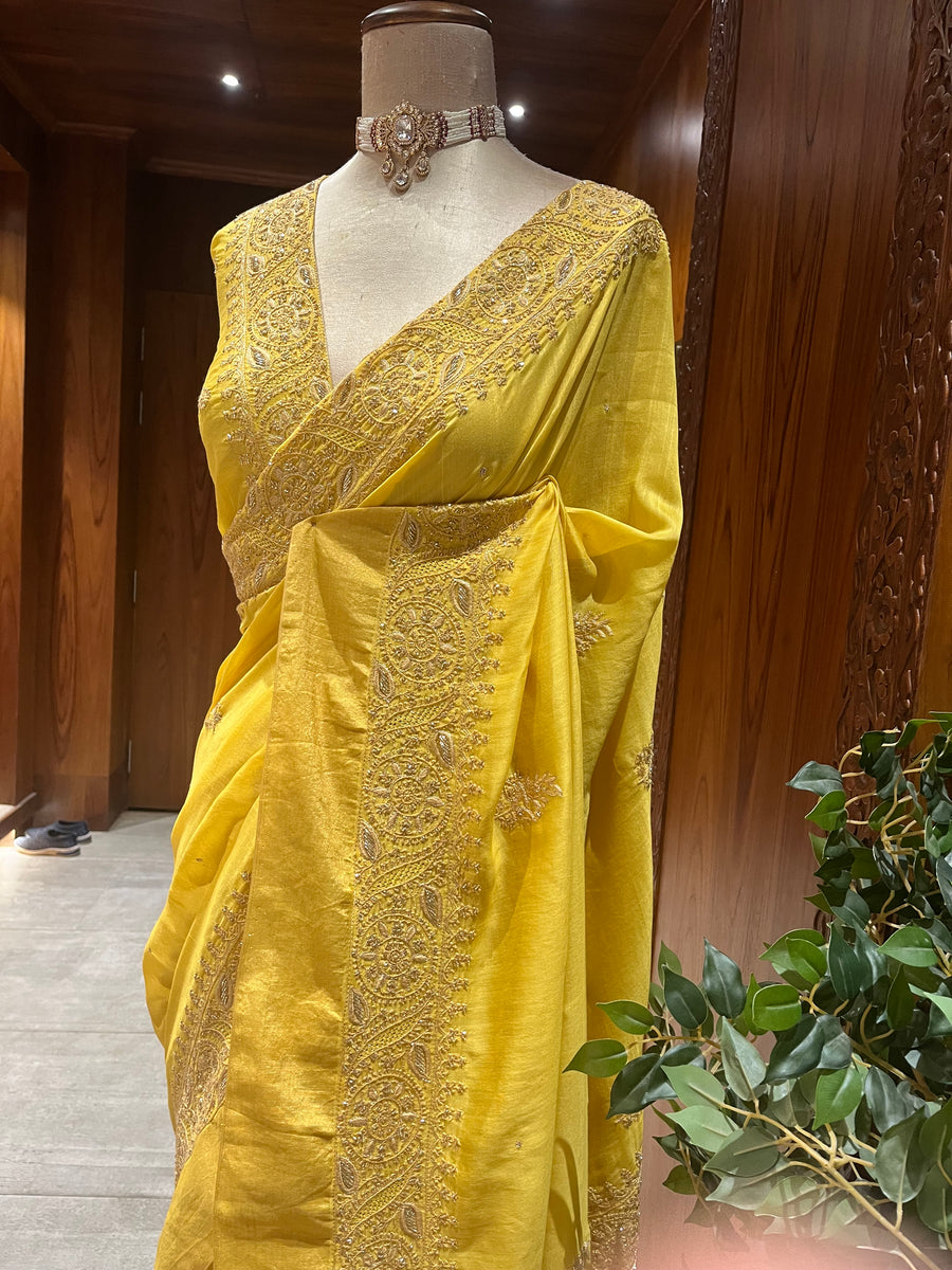 Chikankari Chanderi Saree - Mustard Yellow
