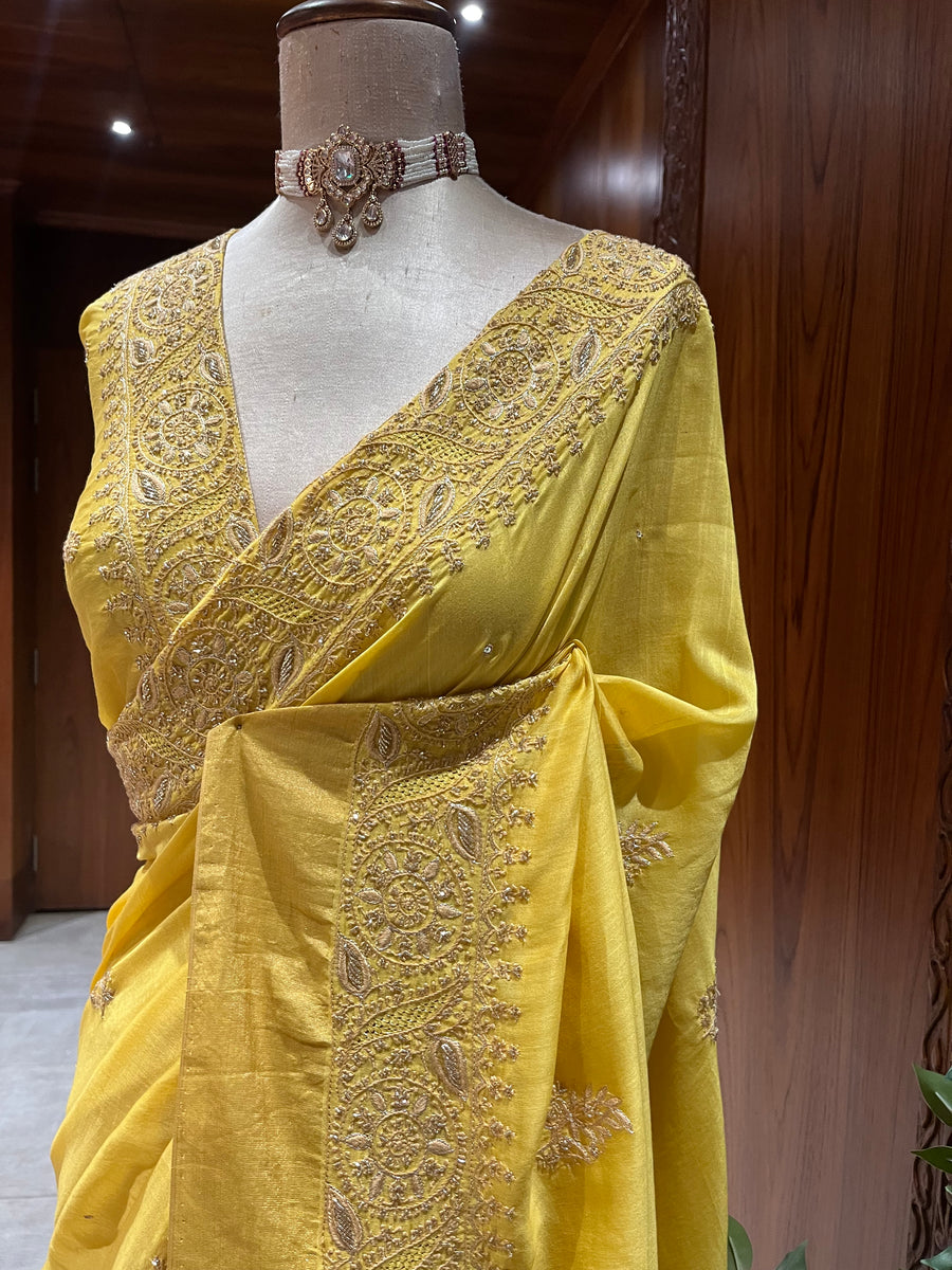 Chikankari Chanderi Saree - Mustard Yellow