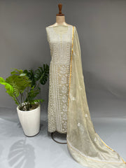 Chikankari Kota Doria kurta and dupatta set - Olive Green