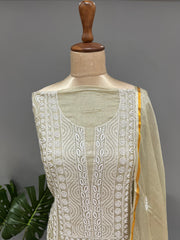 Chikankari Kota Doria kurta and dupatta set - Olive Green
