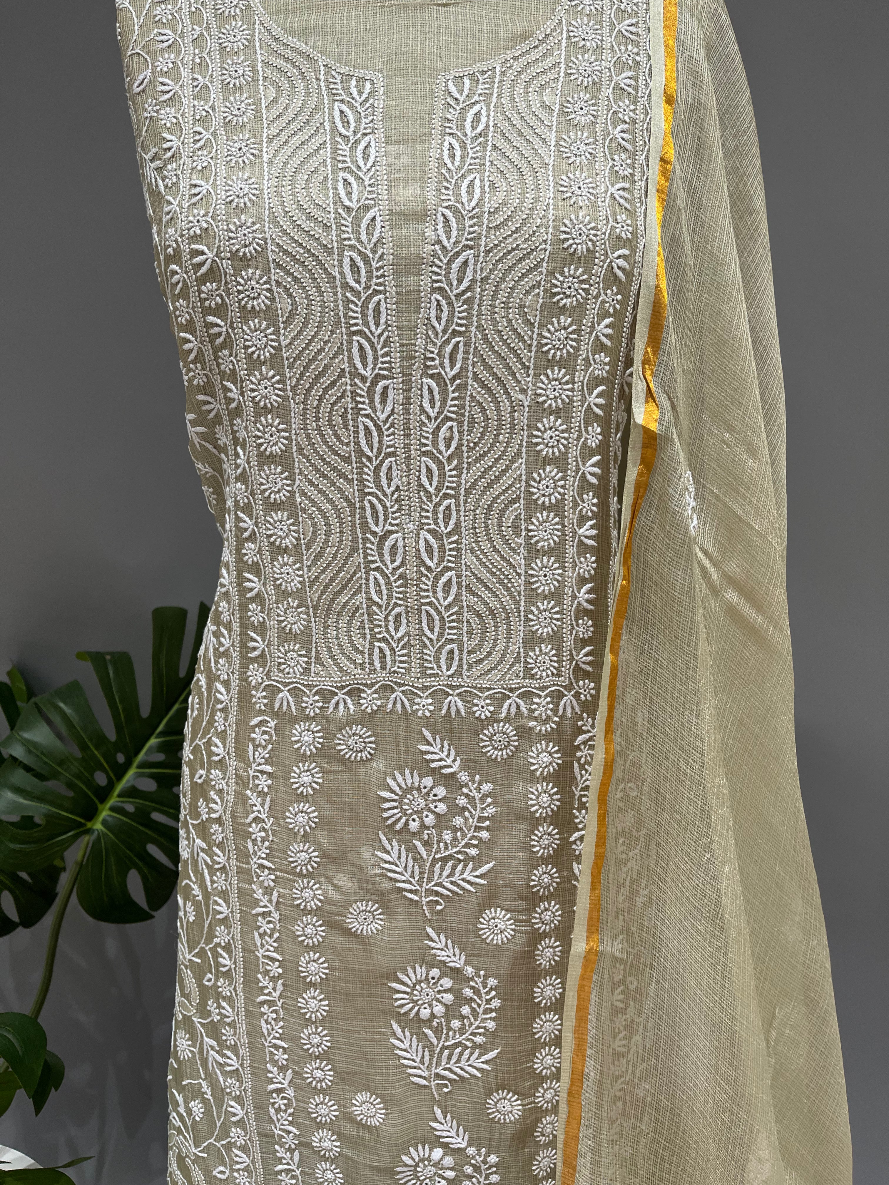Chikankari Kota Doria kurta and dupatta set - Olive Green