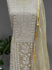 Chikankari Kota Doria kurta and dupatta set - Olive Green