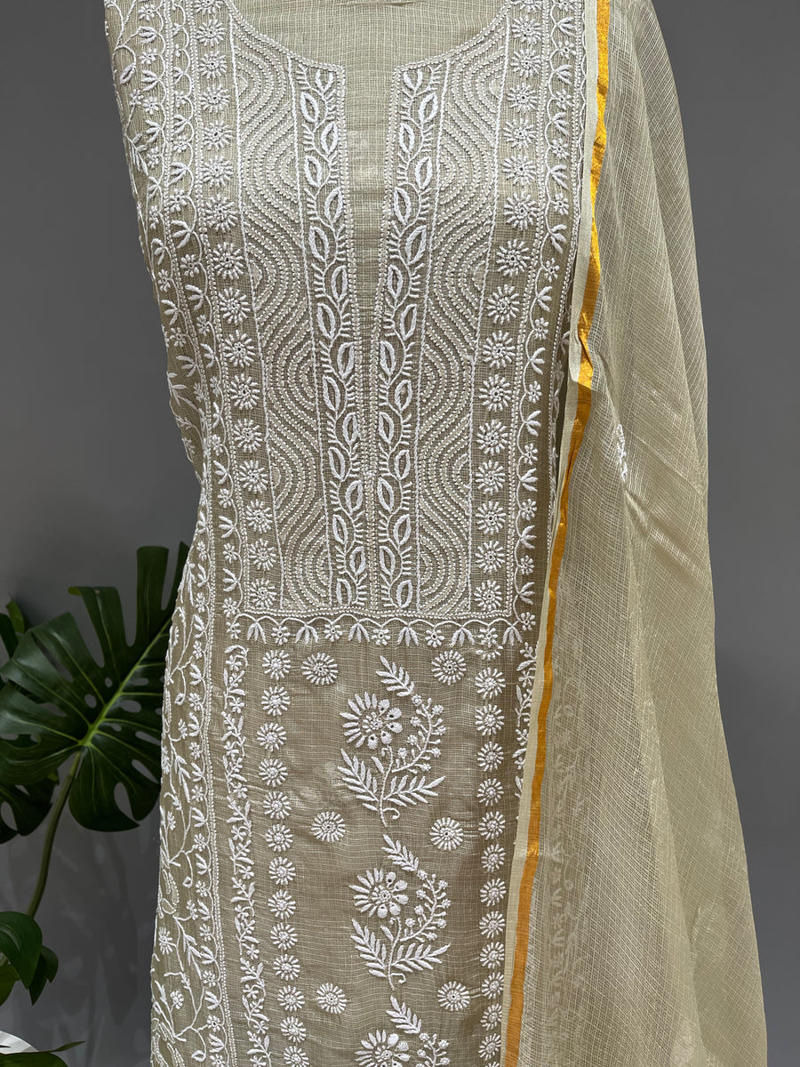 Chikankari Kota Doria kurta and dupatta set - Olive Green