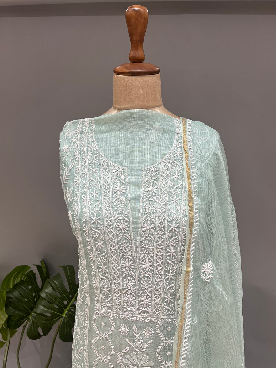 Chikankari Kota Doria kurta and dupatta set - Powder Blue