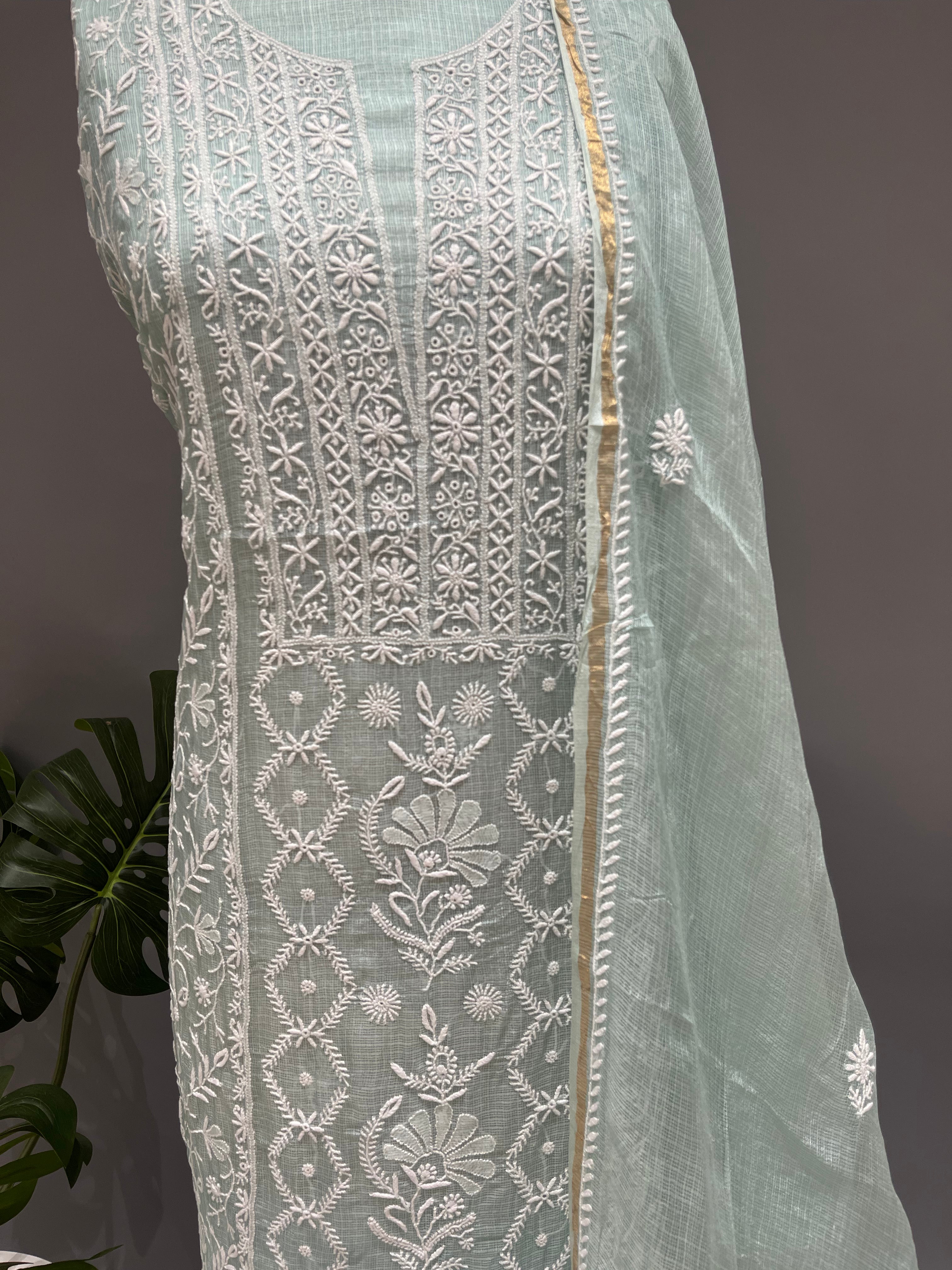 Chikankari Kota Doria kurta and dupatta set - Powder Blue