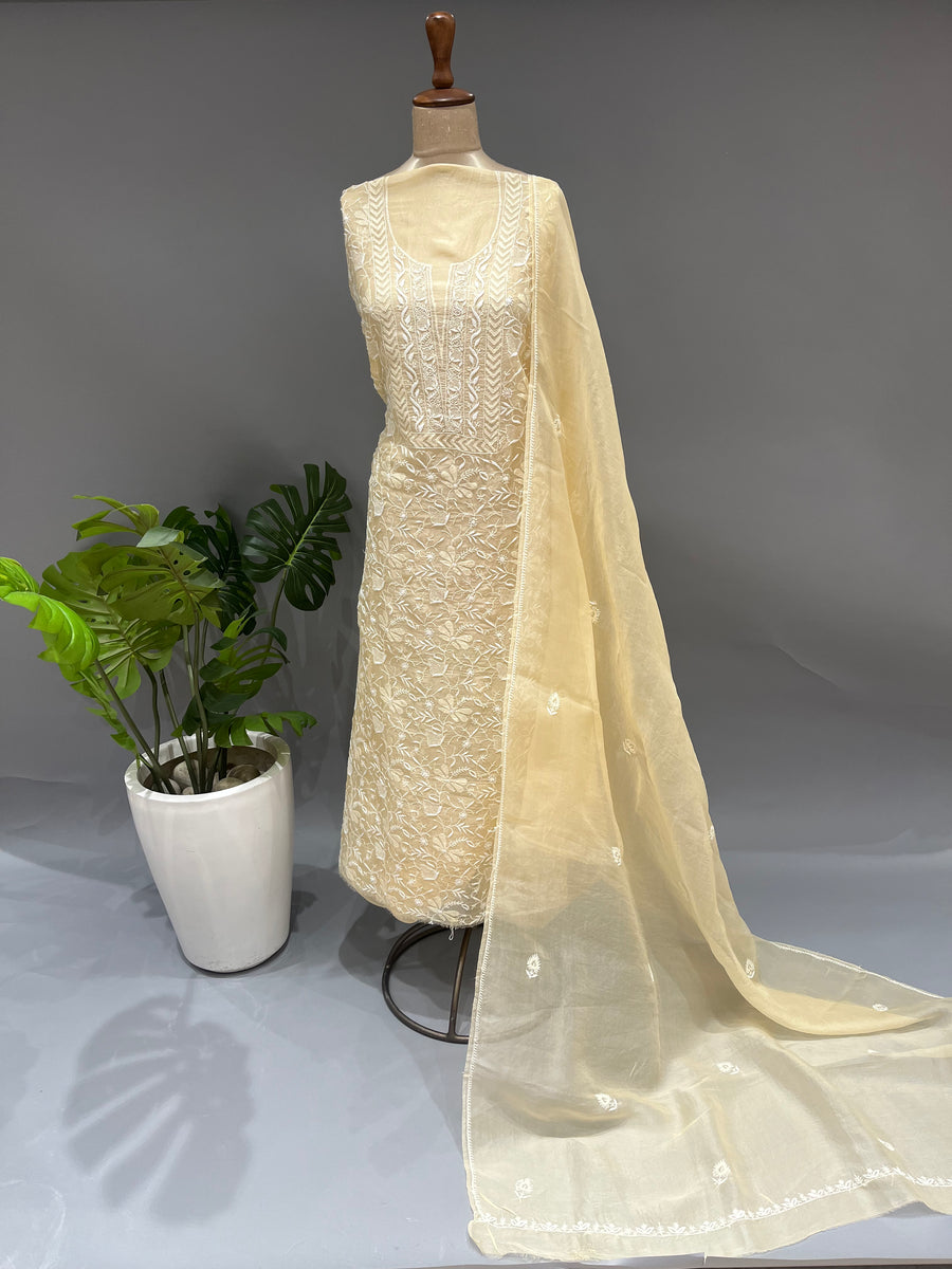 Chikankari Organza Kurta and Dupatta Set - Butter Yellow