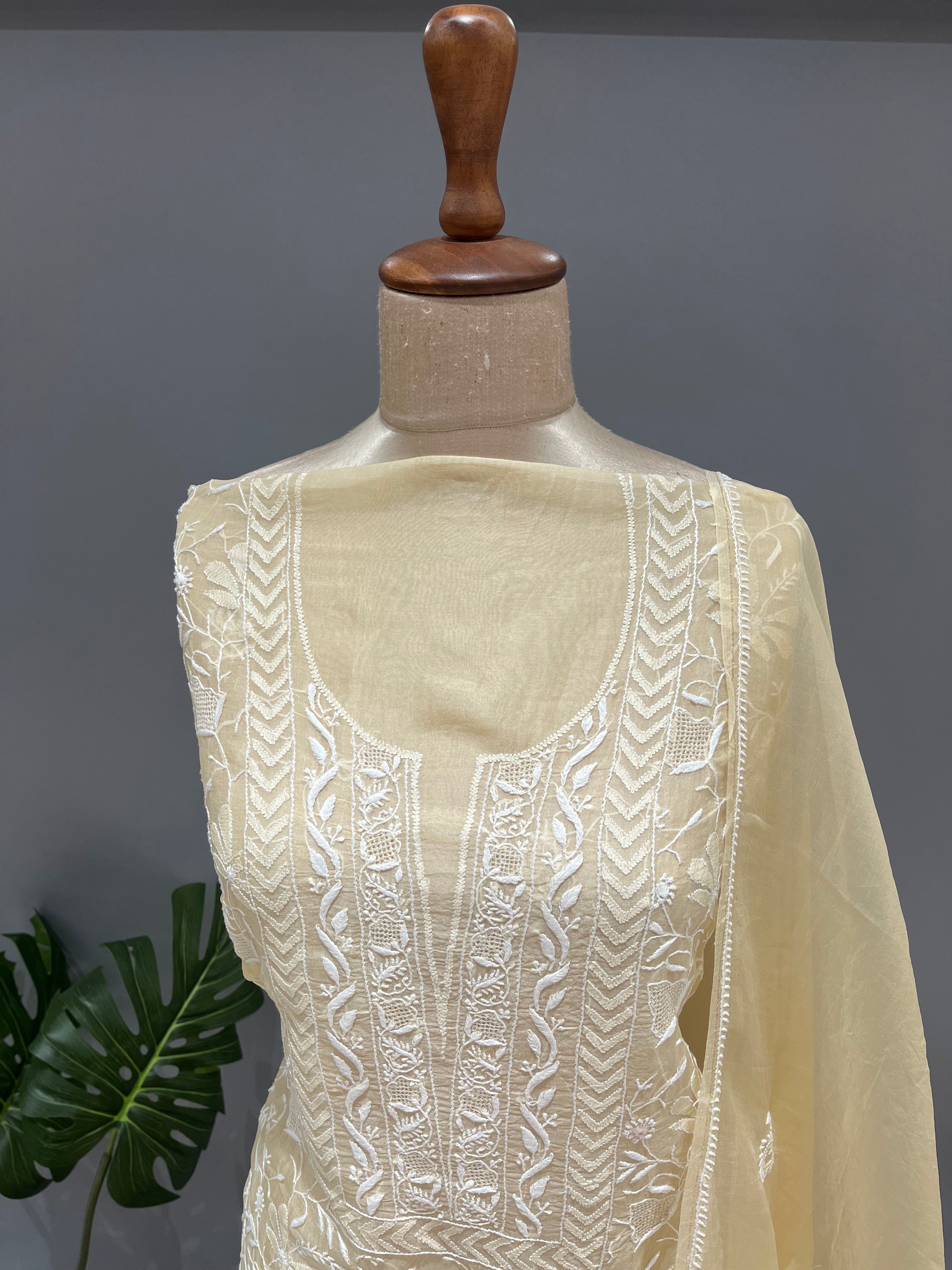 Chikankari Organza Kurta and Dupatta Set - Butter Yellow