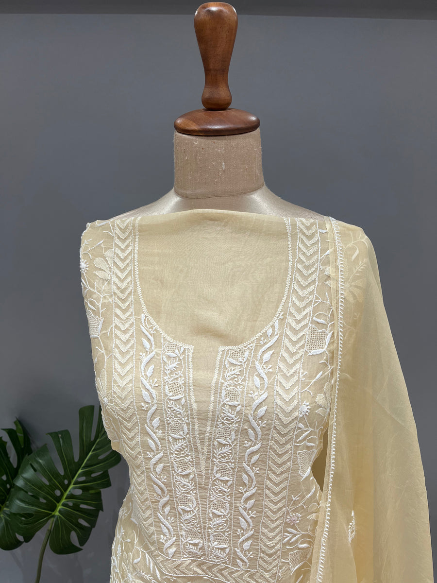 Chikankari Organza Kurta and Dupatta Set - Butter Yellow