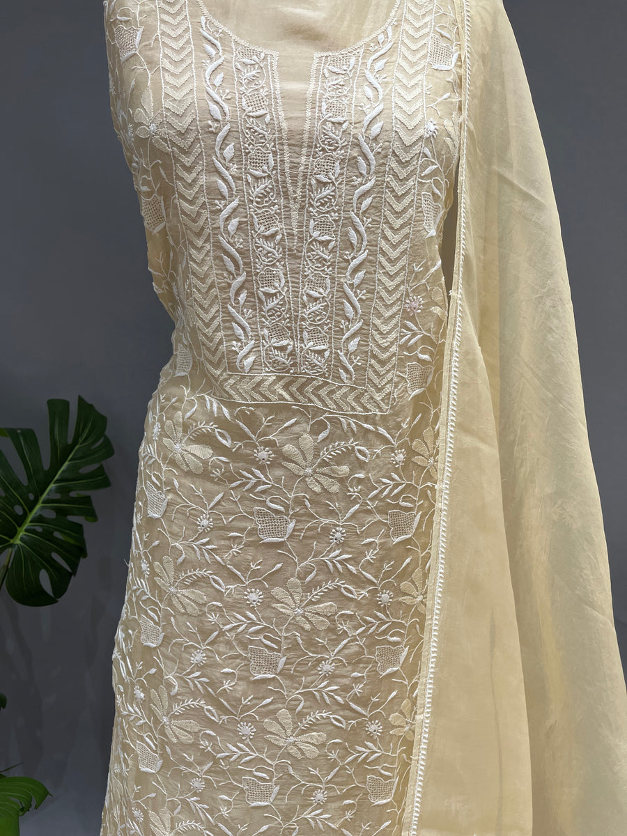 Chikankari Organza Kurta and Dupatta Set - Butter Yellow