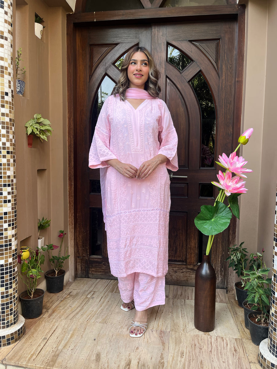 Chikankari Muslin Suit set - Baby Pink