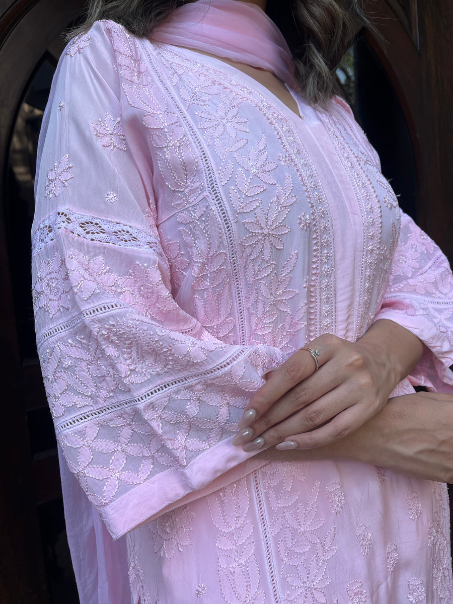 Chikankari Muslin Suit set - Baby Pink