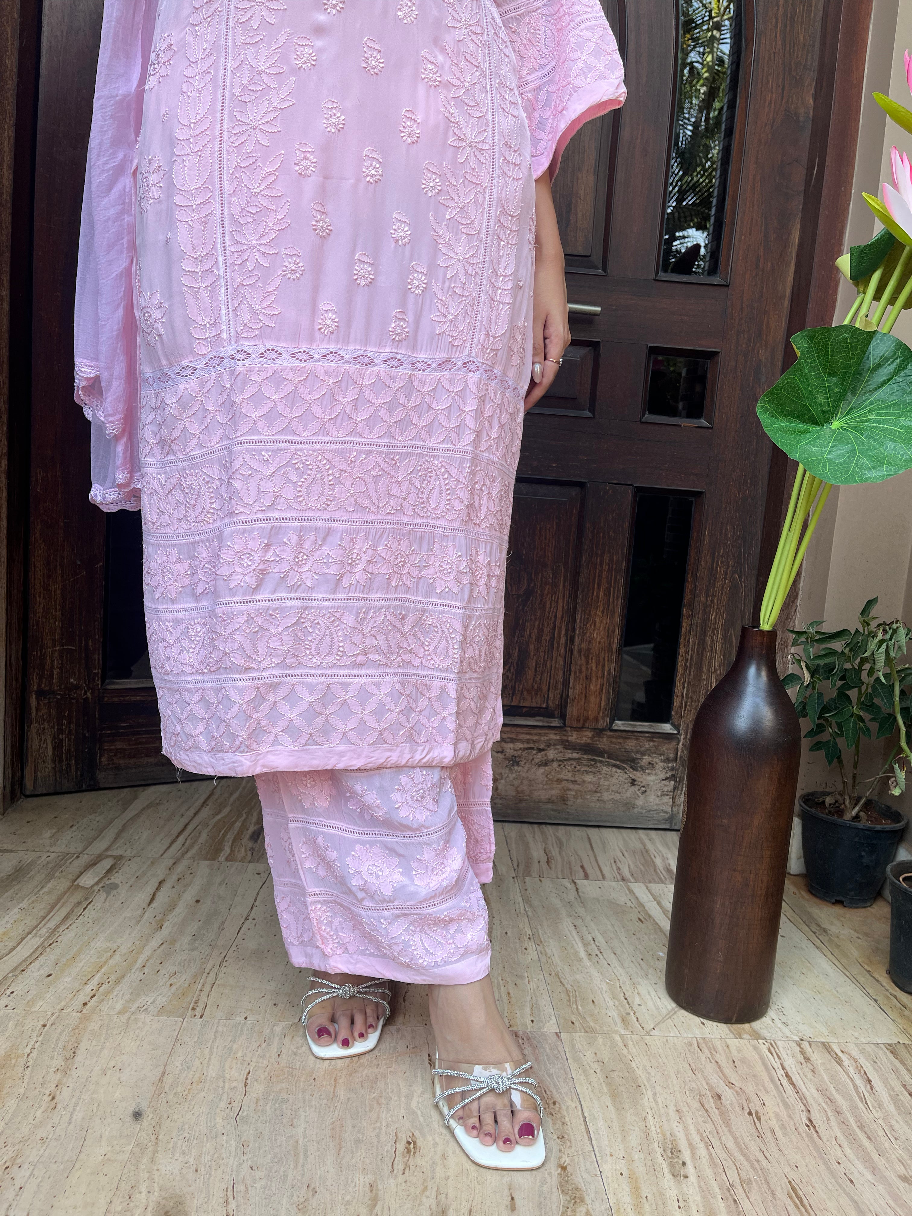 Chikankari Muslin Suit set - Baby Pink