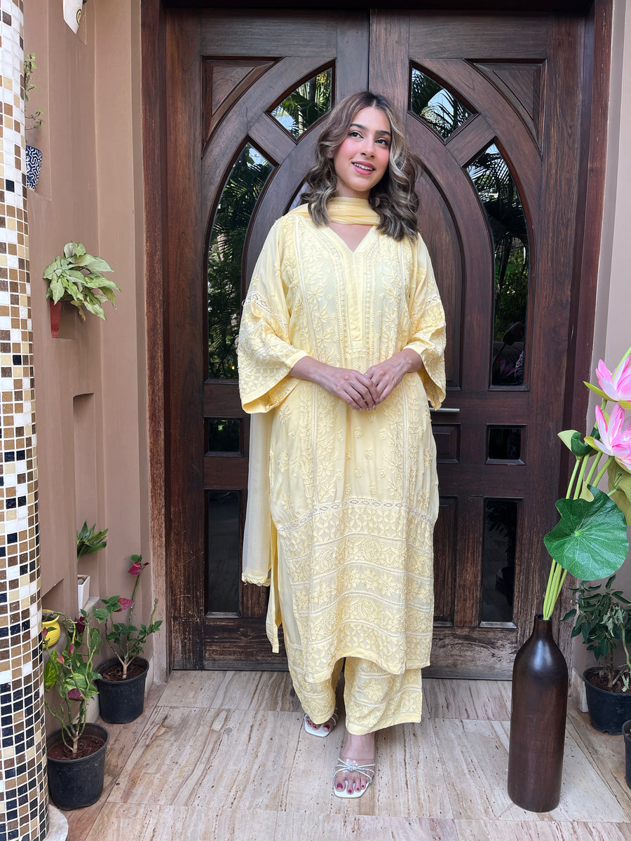 Chikankari Muslin Suit set - Corn Yellow