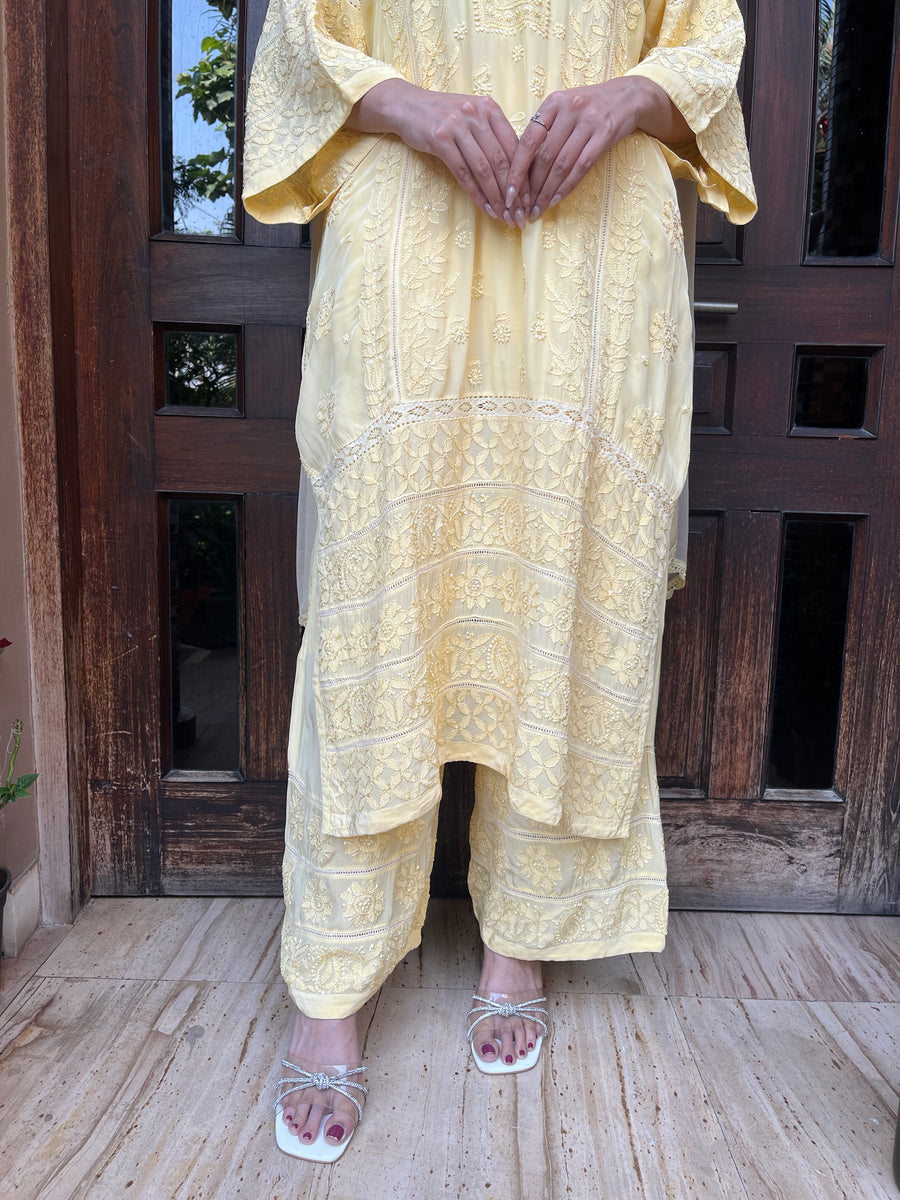 Chikankari Muslin Suit set - Corn Yellow